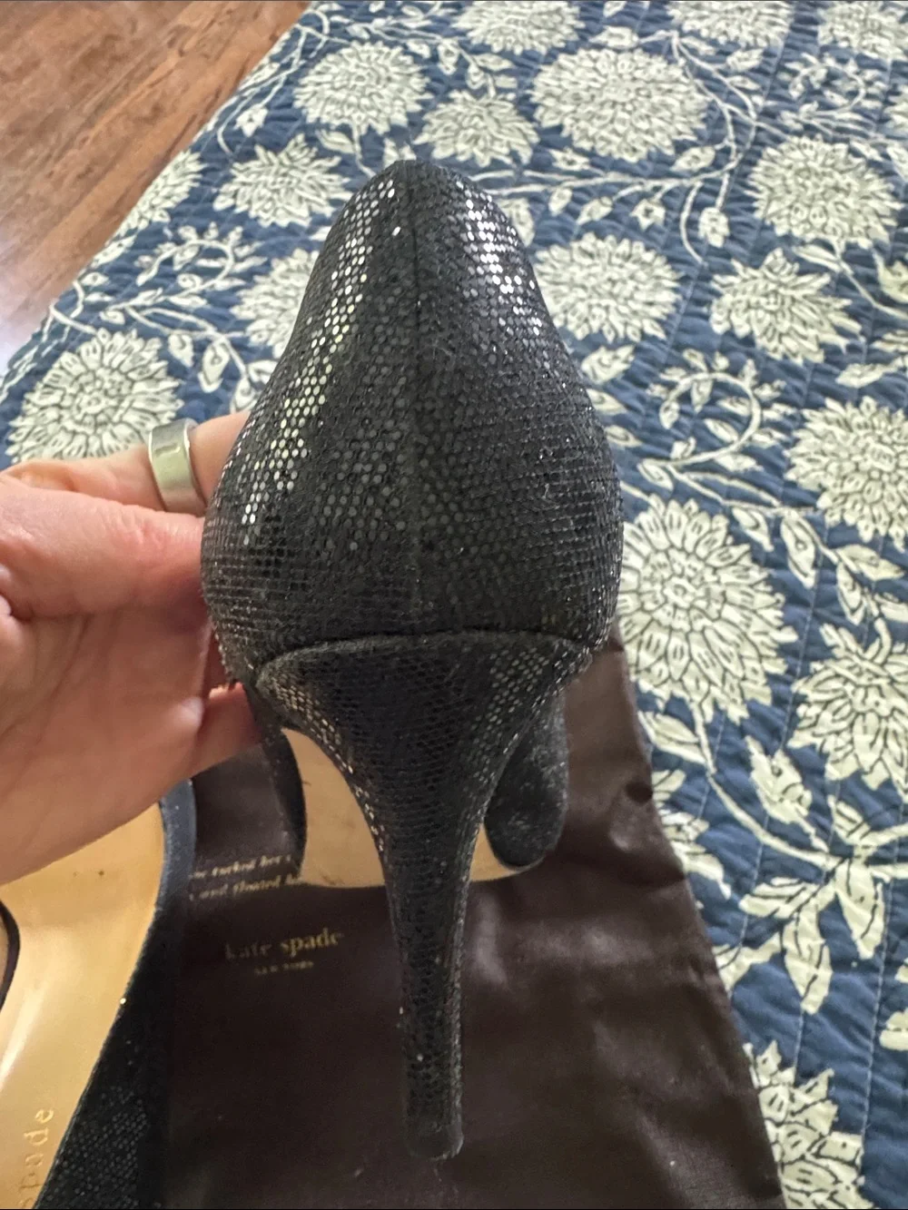 kate spade Black Glitter Peep-Toe Heels